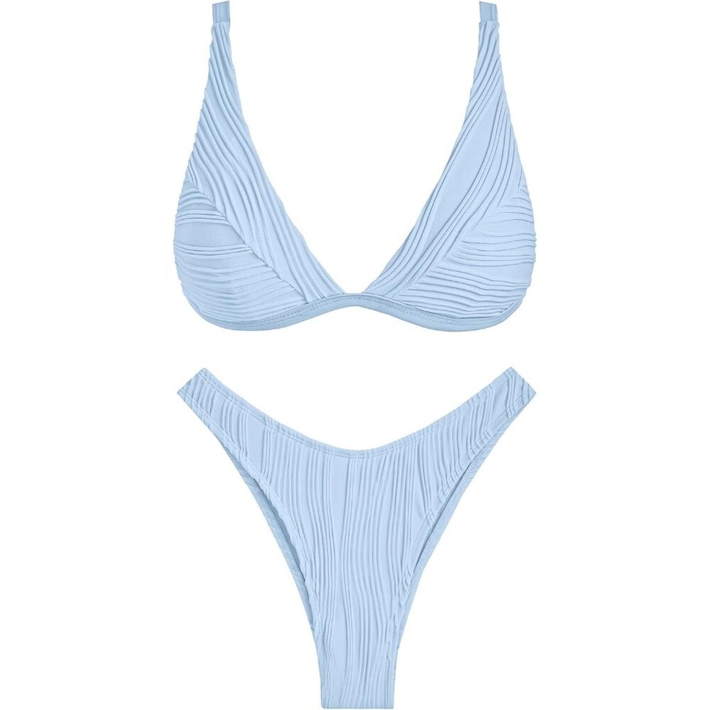 ✨Women's Blue Sexy Two Piece Triangle Plunging Neck Cheeky Bikini Set Swimsuit